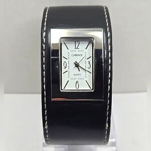 Womens Vintage Carriage Timex Black Leather Cuff Watch New Battery Silver Rare